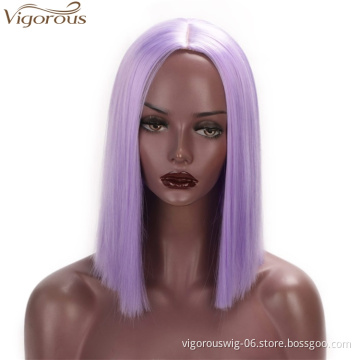 Vigorous Straight Short Blunt Cut Bob For Black Women Deep Part Short Brazilian Wigs Purple Cosplay Wig Wholesale Price